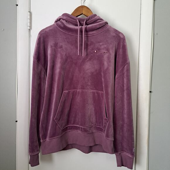 Champion Tops - Champion Plush Velour Purple Jersey Lined Scuba Hood Pullover Hoodie Wms Large